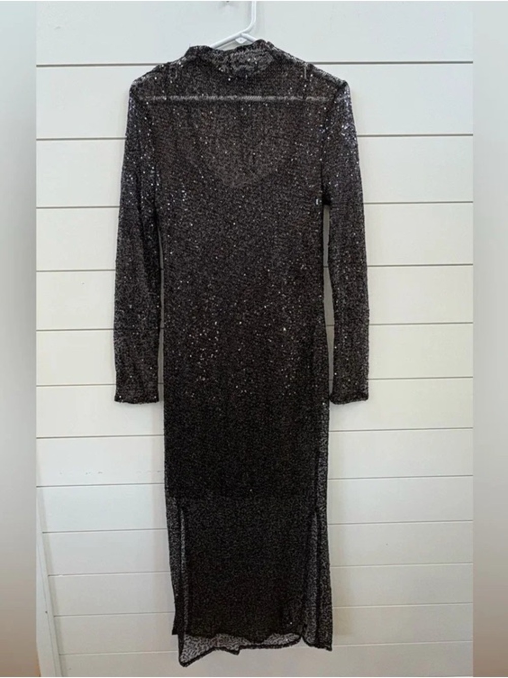 Sequined Long Sleeve Black Evening Dress